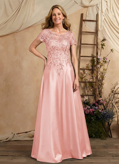 A-Line Illusion Neck Short Sleeves Floor-Length Lace Satin Sequined Mother Of The Bride Dresses With Beading Sequins Flower(s)