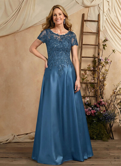 A-Line Illusion Neck Short Sleeves Floor-Length Lace Satin Sequined Mother Of The Bride Dresses With Beading Sequins Flower(s)