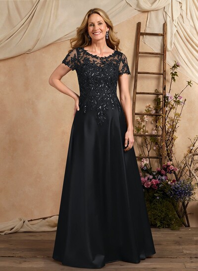 A-Line Illusion Neck Short Sleeves Floor-Length Lace Satin Sequined Mother Of The Bride Dresses With Beading Sequins Flower(s)