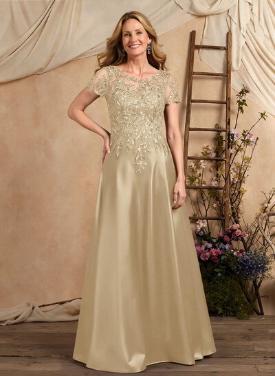 A-Line Illusion Neck Short Sleeves Floor-Length Lace Satin Sequined Mother Of The Bride Dresses With Beading Sequins Flower(s)