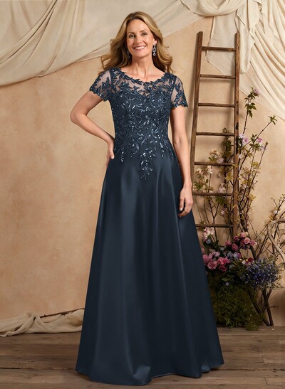 A-Line Illusion Neck Short Sleeves Floor-Length Lace Satin Sequined Mother Of The Bride Dresses With Beading Sequins Flower(s)