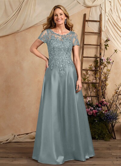 A-Line Illusion Neck Short Sleeves Floor-Length Lace Satin Sequined Mother Of The Bride Dresses With Beading Sequins Flower(s)