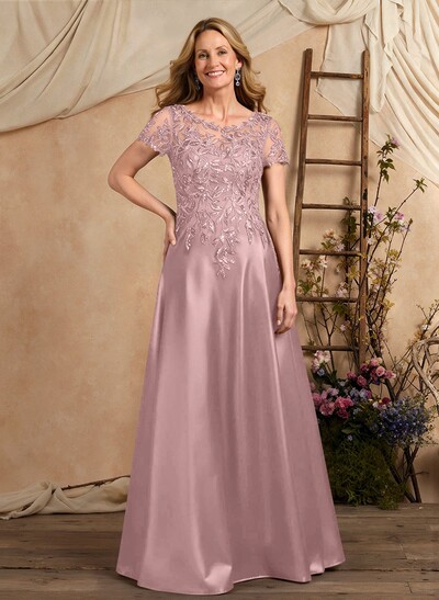 A-Line Illusion Neck Short Sleeves Floor-Length Lace Satin Sequined Mother Of The Bride Dresses With Beading Sequins Flower(s)