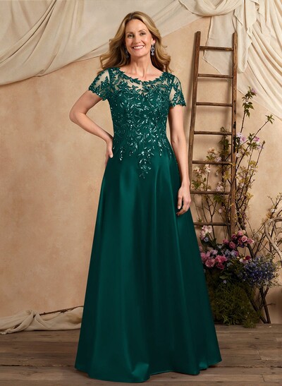 A-Line Illusion Neck Short Sleeves Floor-Length Lace Satin Sequined Mother Of The Bride Dresses With Beading Sequins Flower(s)
