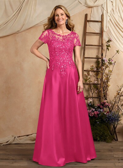 A-Line Illusion Neck Short Sleeves Floor-Length Lace Satin Sequined Mother Of The Bride Dresses With Beading Sequins Flower(s)