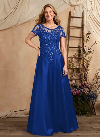 A-Line Illusion Neck Short Sleeves Floor-Length Lace Satin Sequined Mother Of The Bride Dresses With Beading Sequins Flower(s)