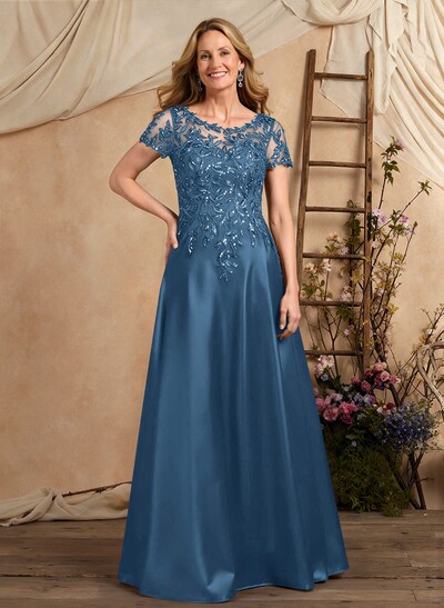 A-Line Illusion Neck Short Sleeves Floor-Length Lace Satin Sequined Mother Of The Bride Dresses With Beading Sequins Flower(s)