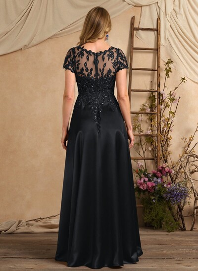 A-Line Illusion Neck Short Sleeves Floor-Length Lace Satin Sequined Mother Of The Bride Dresses With Beading Sequins Flower(s)