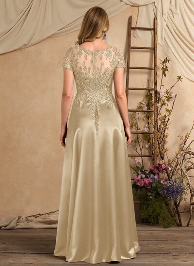 A-Line Illusion Neck Short Sleeves Floor-Length Lace Satin Sequined Mother Of The Bride Dresses With Beading Sequins Flower(s)