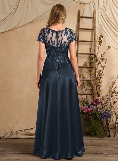 A-Line Illusion Neck Short Sleeves Floor-Length Lace Satin Sequined Mother Of The Bride Dresses With Beading Sequins Flower(s)