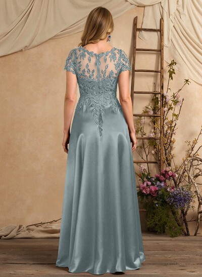 A-Line Illusion Neck Short Sleeves Floor-Length Lace Satin Sequined Mother Of The Bride Dresses With Beading Sequins Flower(s)