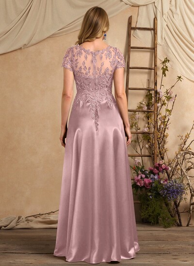 A-Line Illusion Neck Short Sleeves Floor-Length Lace Satin Sequined Mother Of The Bride Dresses With Beading Sequins Flower(s)