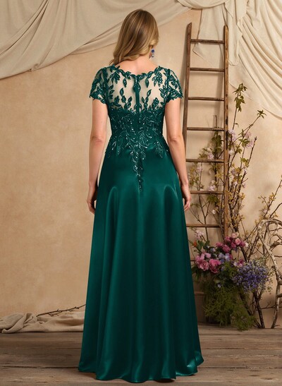 A-Line Illusion Neck Short Sleeves Floor-Length Lace Satin Sequined Mother Of The Bride Dresses With Beading Sequins Flower(s)