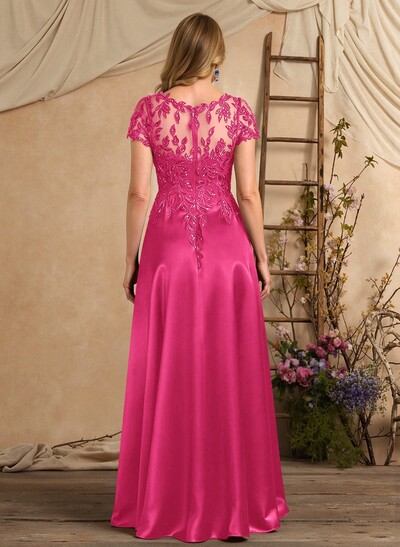 A-Line Illusion Neck Short Sleeves Floor-Length Lace Satin Sequined Mother Of The Bride Dresses With Beading Sequins Flower(s)