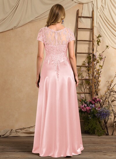 A-Line Illusion Neck Short Sleeves Floor-Length Lace Satin Sequined Mother Of The Bride Dresses With Beading Sequins Flower(s)