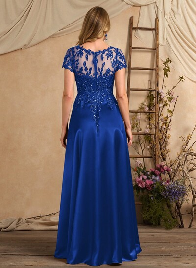 A-Line Illusion Neck Short Sleeves Floor-Length Lace Satin Sequined Mother Of The Bride Dresses With Beading Sequins Flower(s)