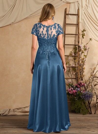 A-Line Illusion Neck Short Sleeves Floor-Length Lace Satin Sequined Mother Of The Bride Dresses With Beading Sequins Flower(s)