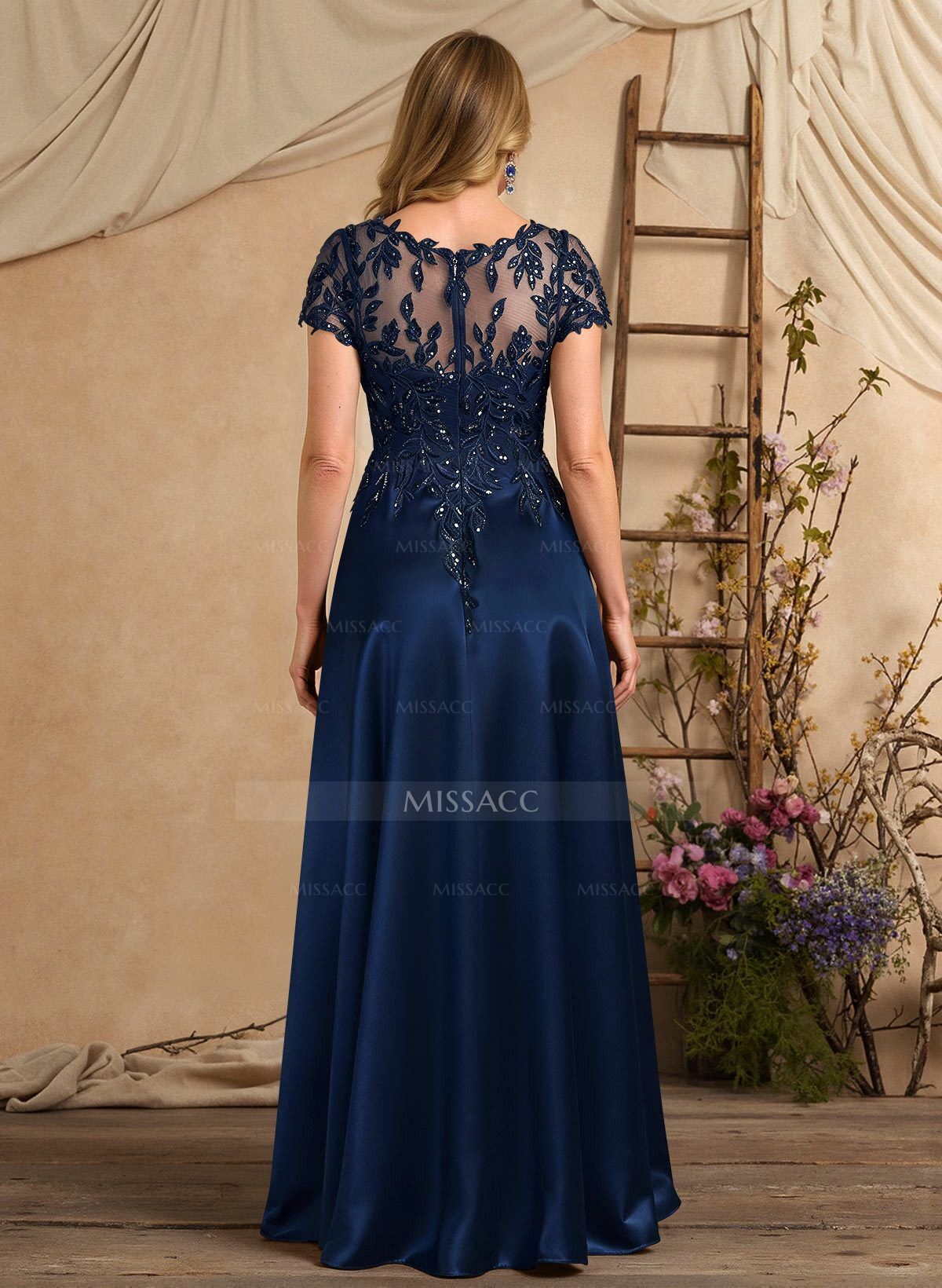 A-Line Illusion Neck Short Sleeves Floor-Length Lace Satin Sequined Mother Of The Bride Dresses With Beading Sequins Flower(s)