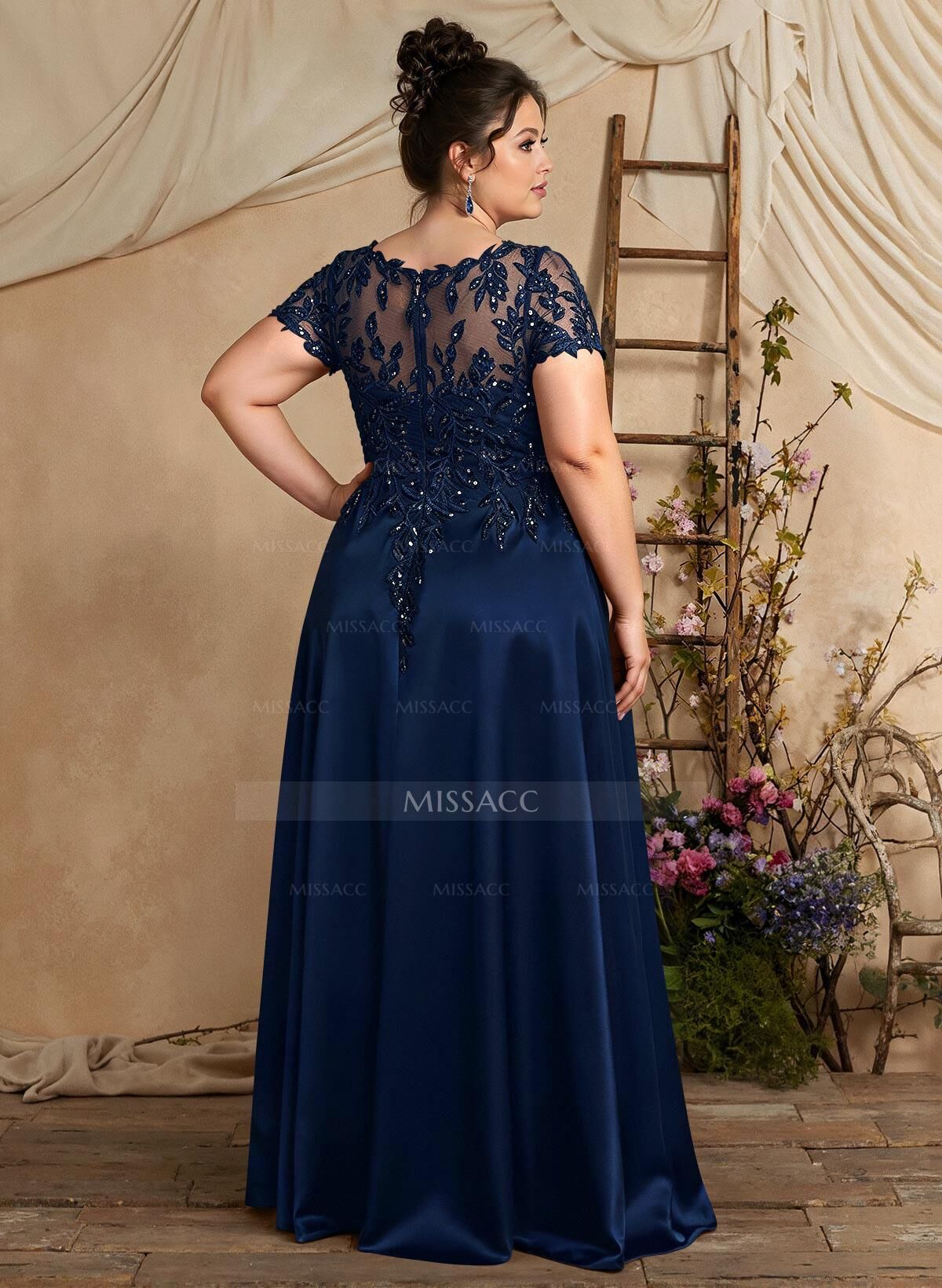 A-Line Illusion Neck Short Sleeves Floor-Length Lace Satin Sequined Mother Of The Bride Dresses With Beading Sequins Flower(s)