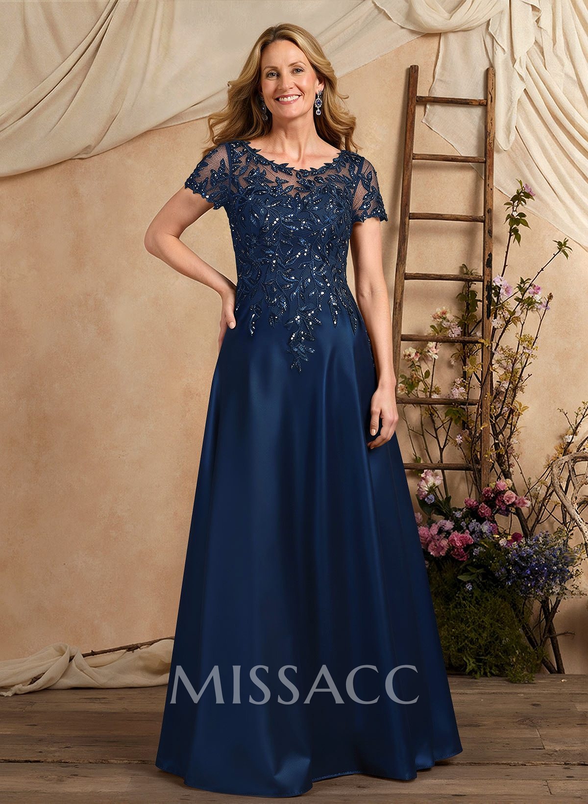 A-Line Illusion Neck Short Sleeves Floor-Length Lace Satin Sequined Mother Of The Bride Dresses With Beading Sequins Flower(s)