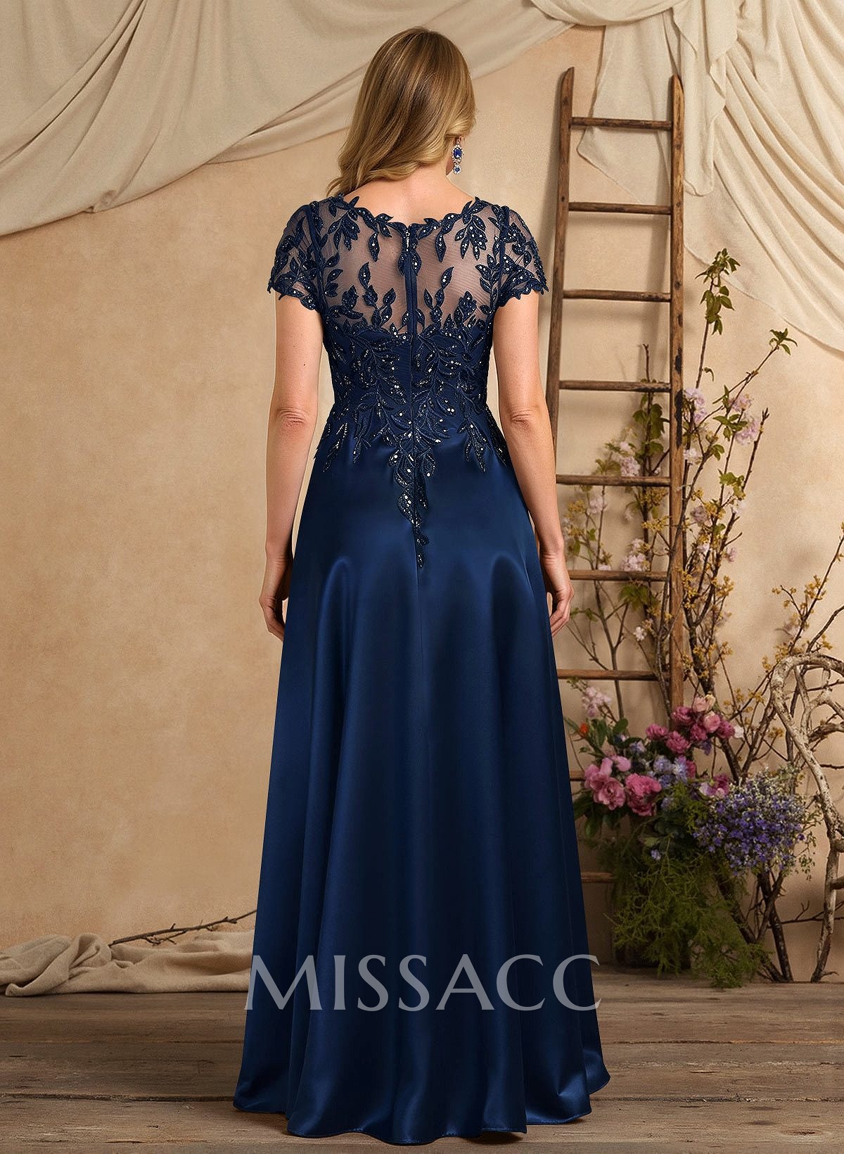 A-Line Illusion Neck Short Sleeves Floor-Length Lace Satin Sequined Mother Of The Bride Dresses With Beading Sequins Flower(s)