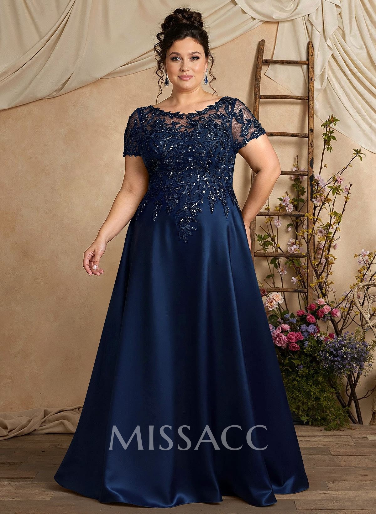 A-Line Illusion Neck Short Sleeves Floor-Length Lace Satin Sequined Mother Of The Bride Dresses With Beading Sequins Flower(s)