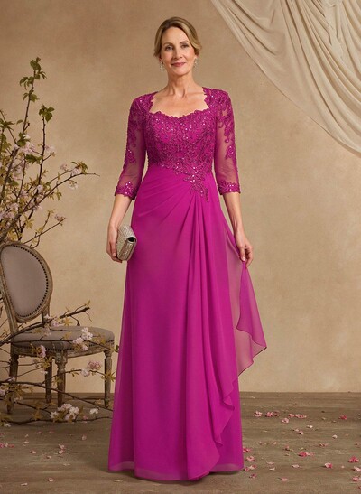 A-Line Square Neckline 3/4 Sleeves Floor-Length Chiffon Mother Of The Bride Dresses