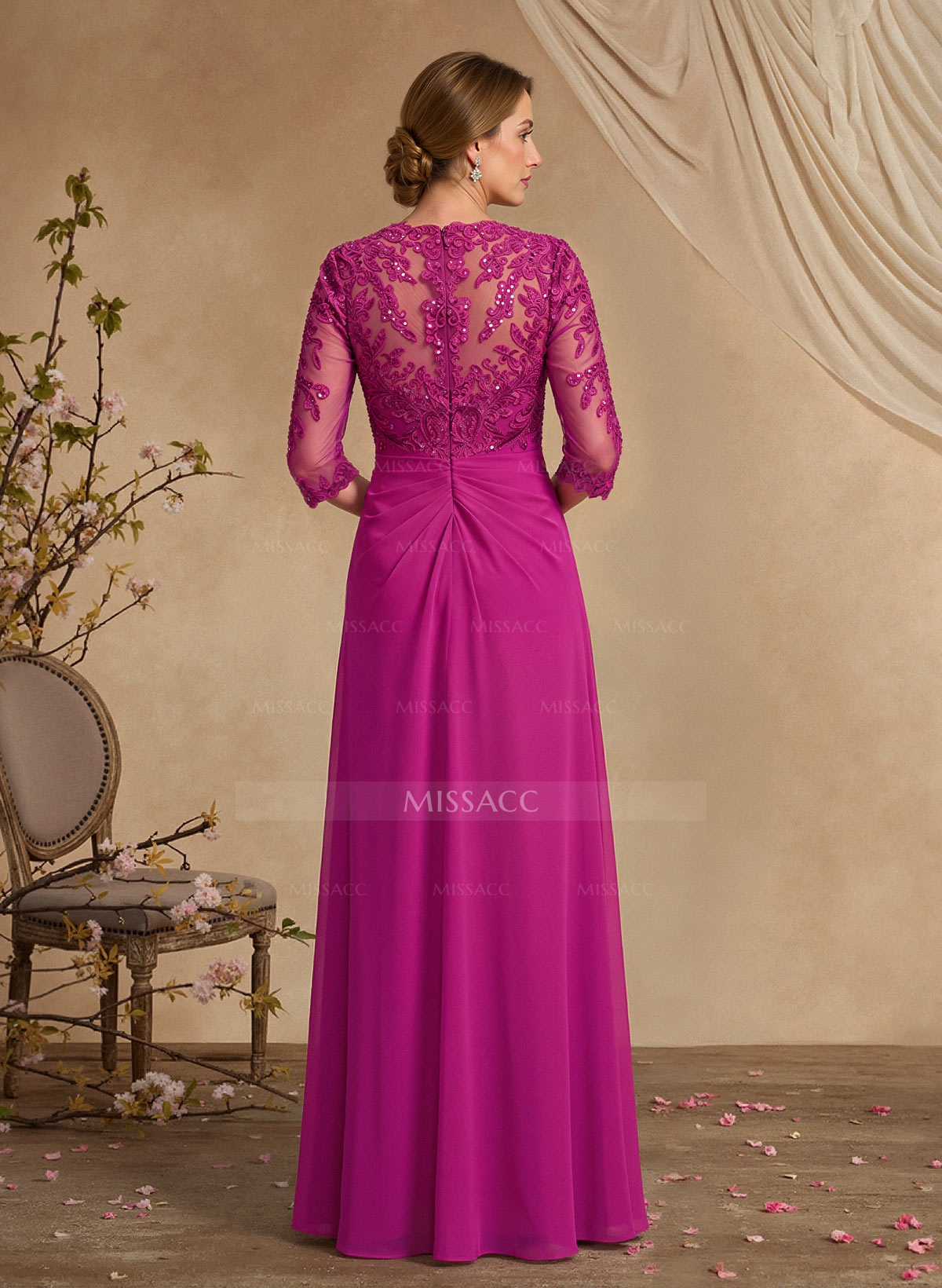 A-Line Square Neckline 3/4 Sleeves Floor-Length Chiffon Mother Of The Bride Dresses