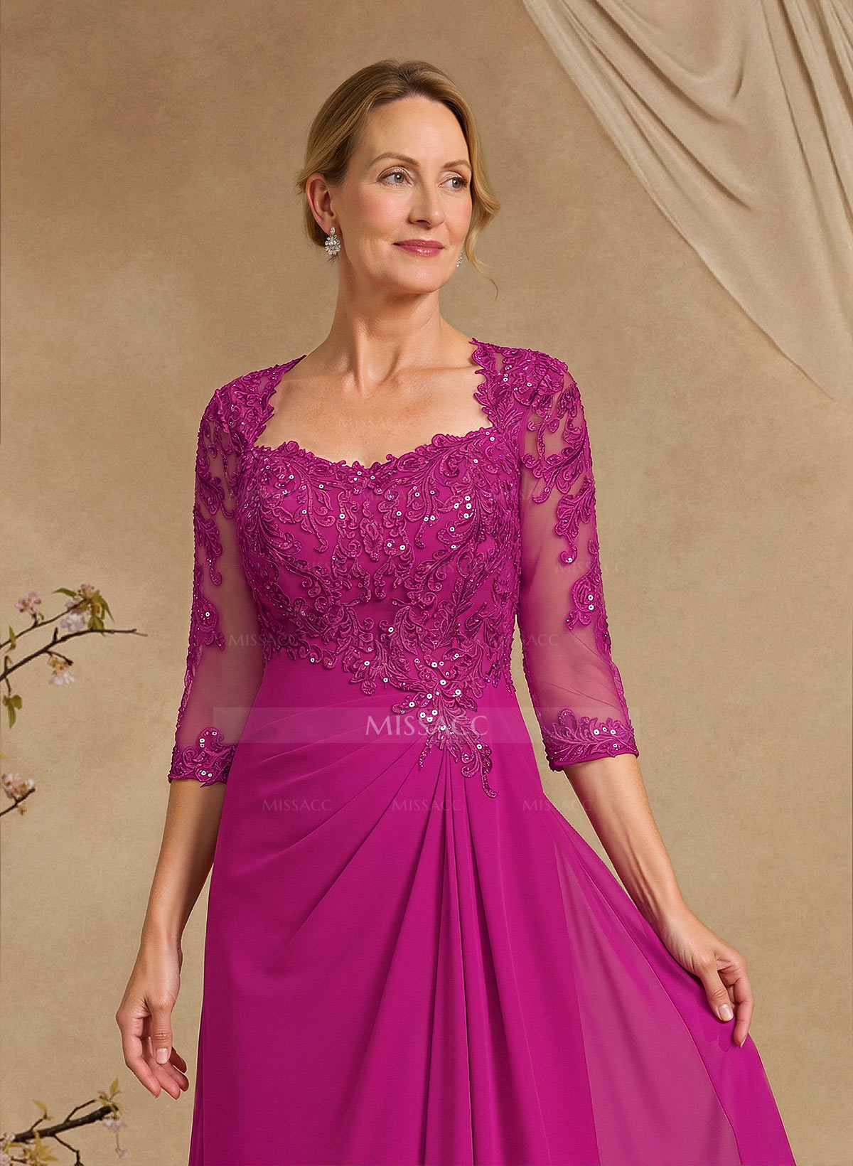A-Line Square Neckline 3/4 Sleeves Floor-Length Chiffon Mother Of The Bride Dresses