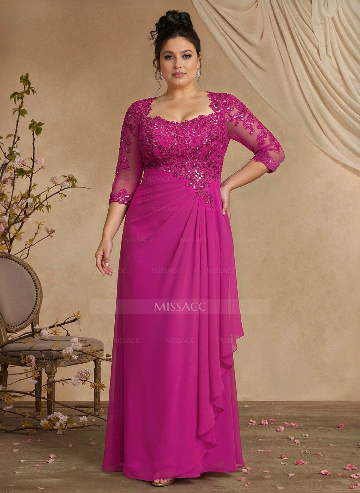 A-Line Square Neckline 3/4 Sleeves Floor-Length Chiffon Mother Of The Bride Dresses