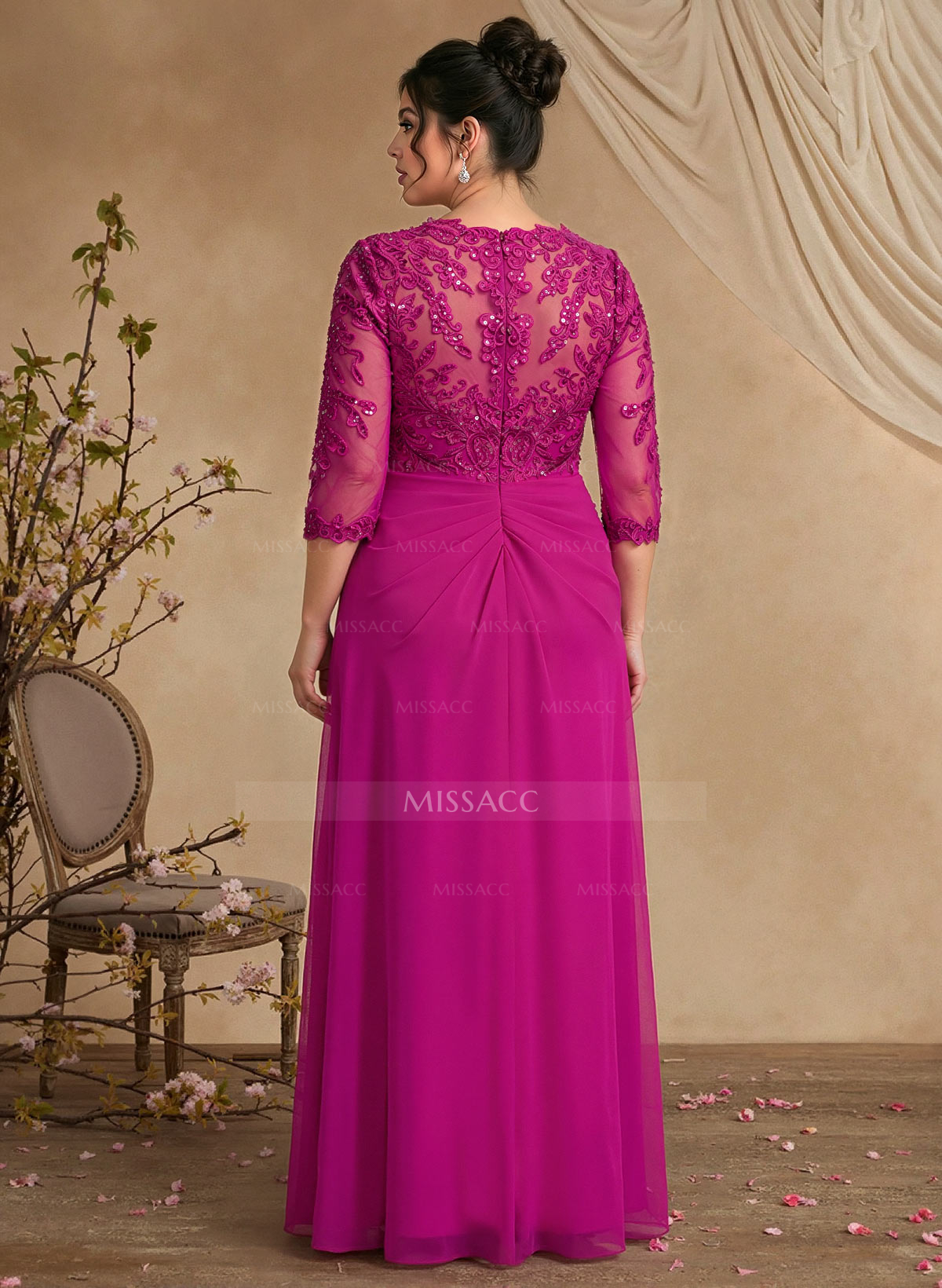 A-Line Square Neckline 3/4 Sleeves Floor-Length Chiffon Mother Of The Bride Dresses