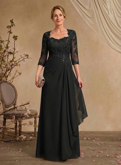 A-Line Square Neckline 3/4 Sleeves Floor-Length Chiffon Mother Of The Bride Dresses