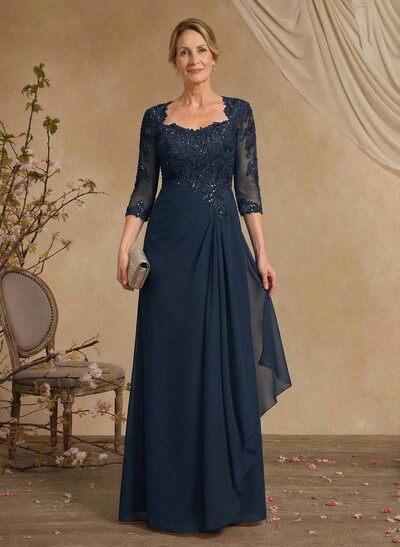 A-Line Square Neckline 3/4 Sleeves Floor-Length Chiffon Mother Of The Bride Dresses