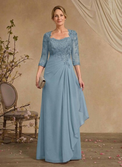A-Line Square Neckline 3/4 Sleeves Floor-Length Chiffon Mother Of The Bride Dresses