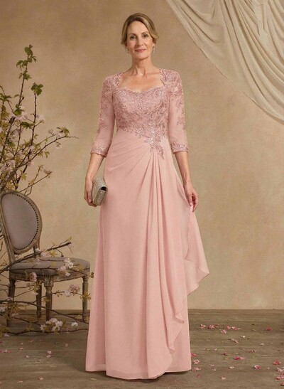 A-Line Square Neckline 3/4 Sleeves Floor-Length Chiffon Mother Of The Bride Dresses