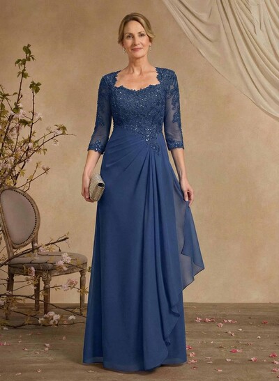 A-Line Square Neckline 3/4 Sleeves Floor-Length Chiffon Mother Of The Bride Dresses
