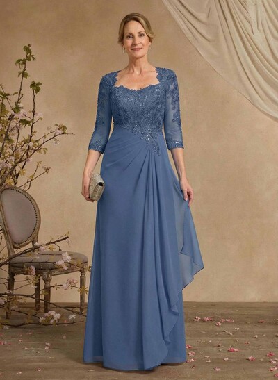 A-Line Square Neckline 3/4 Sleeves Floor-Length Chiffon Mother Of The Bride Dresses