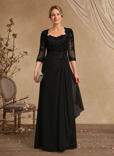 A-Line Square Neckline 3/4 Sleeves Floor-Length Chiffon Mother Of The Bride Dresses
