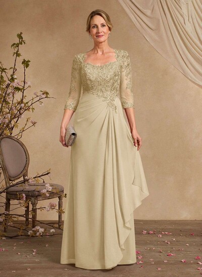A-Line Square Neckline 3/4 Sleeves Floor-Length Chiffon Mother Of The Bride Dresses