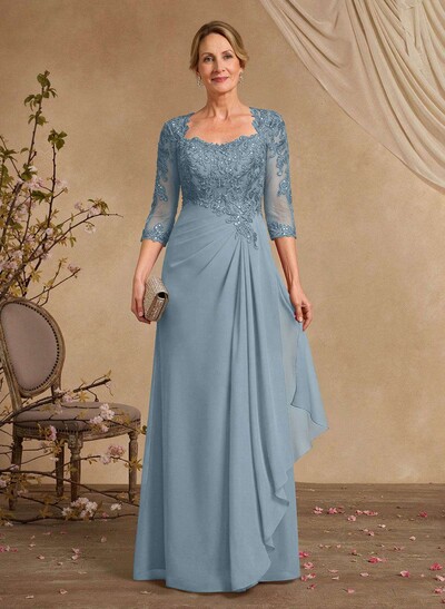 A-Line Square Neckline 3/4 Sleeves Floor-Length Chiffon Mother Of The Bride Dresses