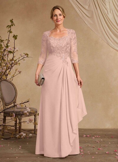A-Line Square Neckline 3/4 Sleeves Floor-Length Chiffon Mother Of The Bride Dresses