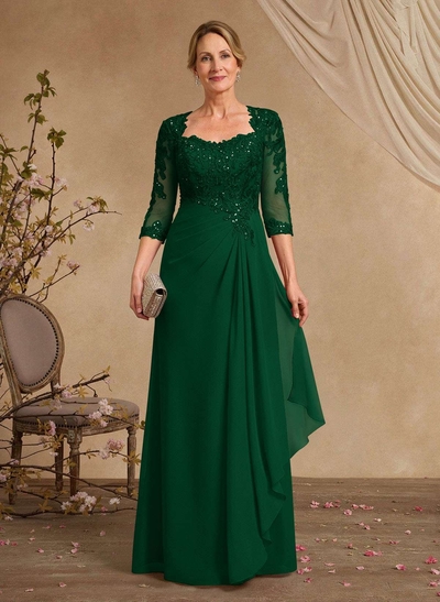 A-Line Square Neckline 3/4 Sleeves Floor-Length Chiffon Mother Of The Bride Dresses