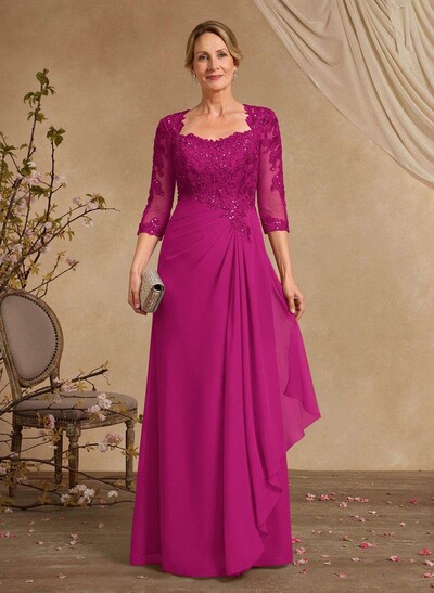 A-Line Square Neckline 3/4 Sleeves Floor-Length Chiffon Mother Of The Bride Dresses