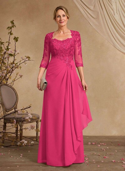 A-Line Square Neckline 3/4 Sleeves Floor-Length Chiffon Mother Of The Bride Dresses