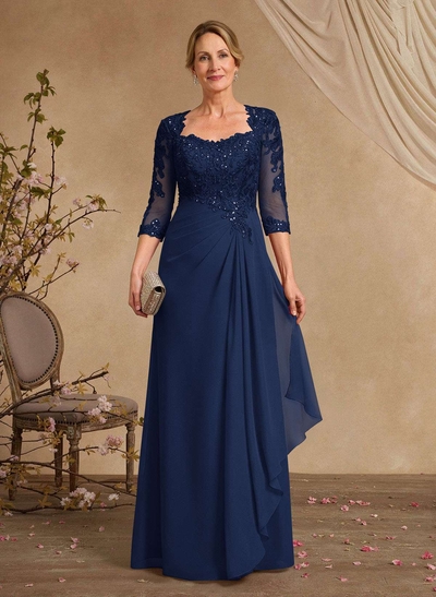 A-Line Square Neckline 3/4 Sleeves Floor-Length Chiffon Mother Of The Bride Dresses