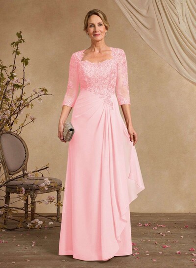 A-Line Square Neckline 3/4 Sleeves Floor-Length Chiffon Mother Of The Bride Dresses