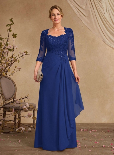 A-Line Square Neckline 3/4 Sleeves Floor-Length Chiffon Mother Of The Bride Dresses