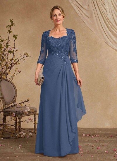 A-Line Square Neckline 3/4 Sleeves Floor-Length Chiffon Mother Of The Bride Dresses