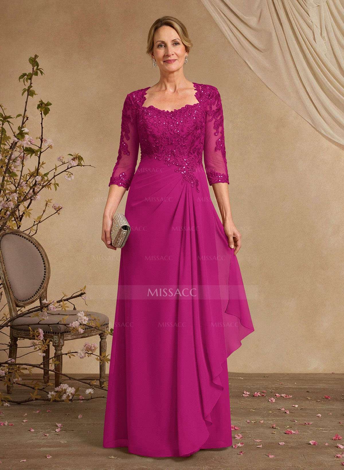 A-Line Square Neckline 3/4 Sleeves Floor-Length Chiffon Mother Of The Bride Dresses