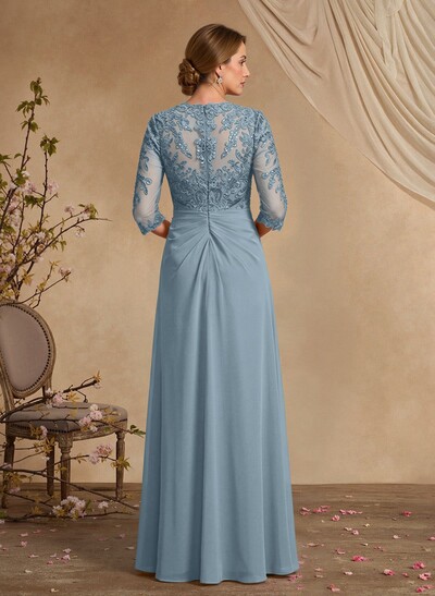 A-Line Square Neckline 3/4 Sleeves Floor-Length Chiffon Mother Of The Bride Dresses